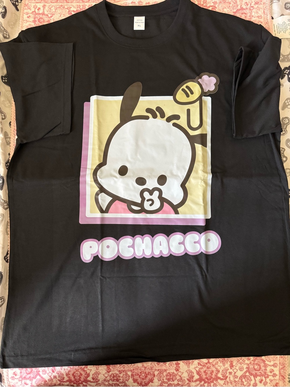 Pochacco Black Cotton  Tee with Pink & Yellow Graphic